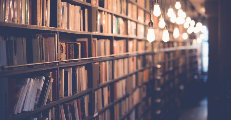 Dimly lit row of bookshelves