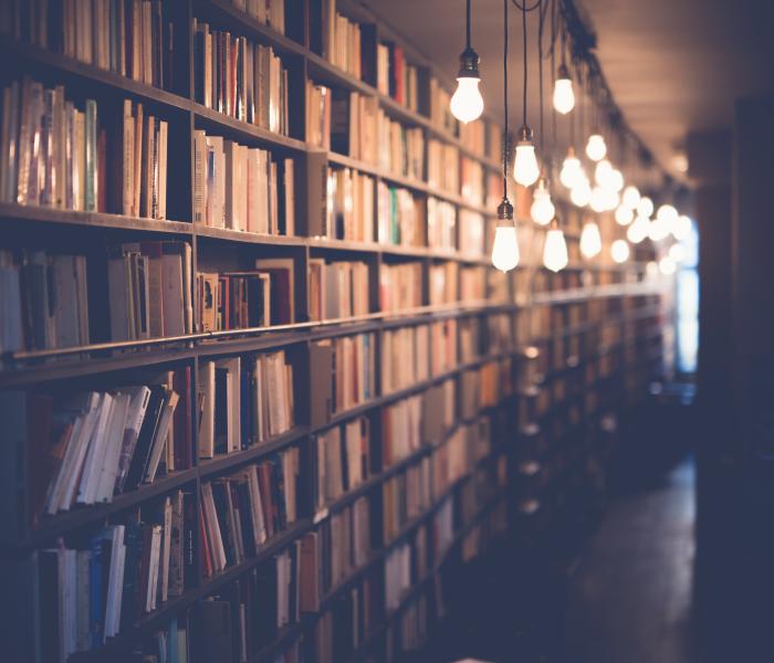Dimly lit row of bookshelves
