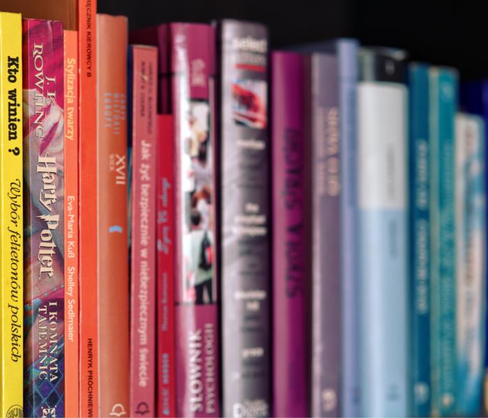 Colorful books lined up on a shelf