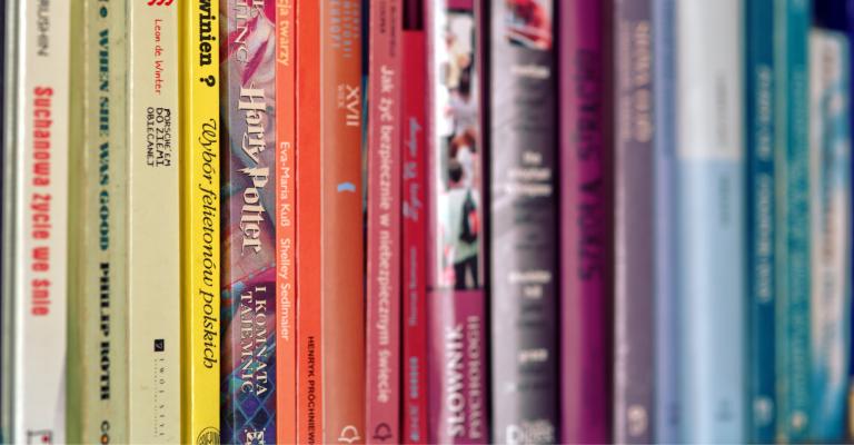 Colorful books lined up on a shelf