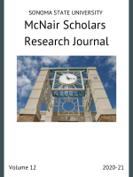 SSU McNair Scholars Research Journal, Volume 12, , front cover featuring the clock tower in front of the Schulz Information Center